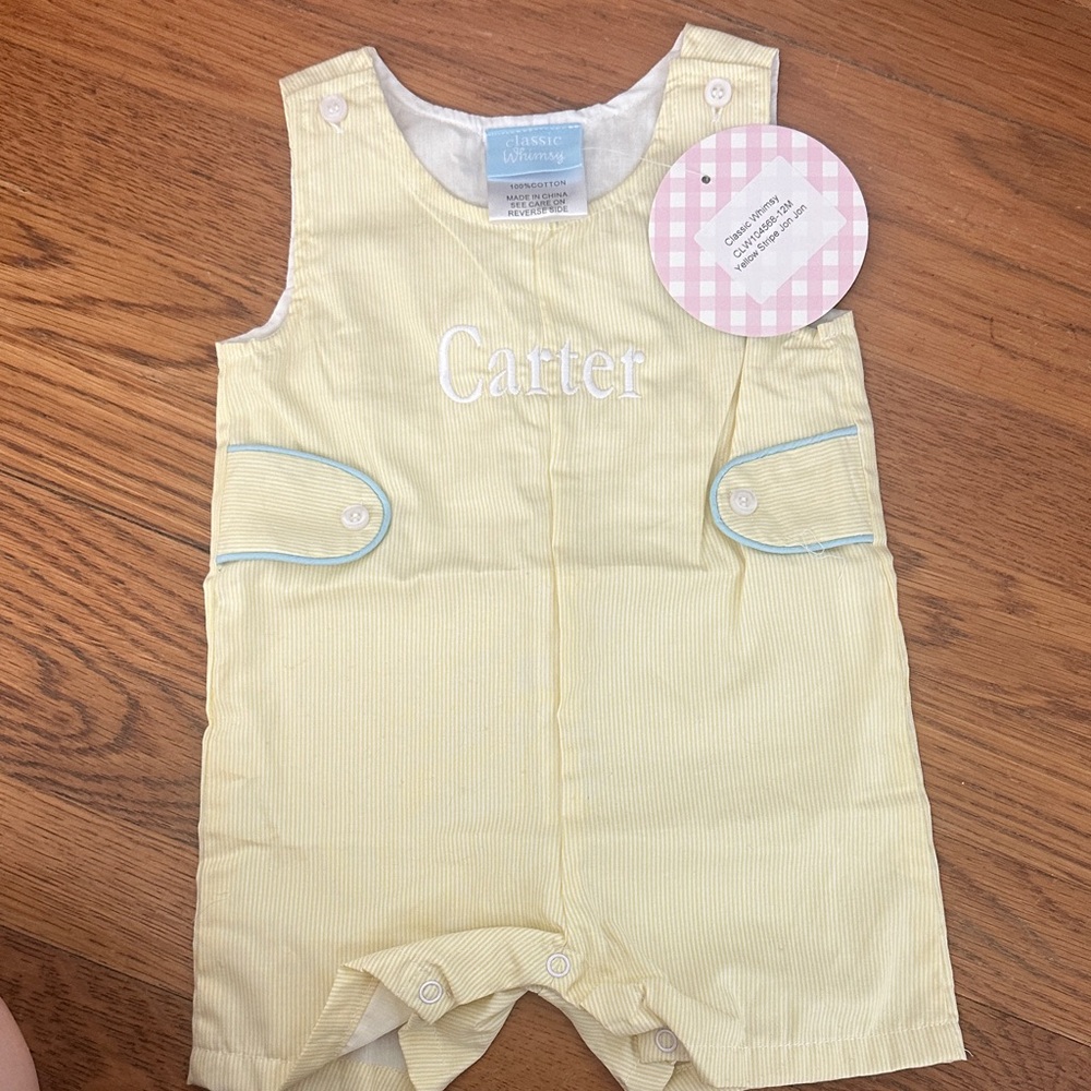 NWT Classic Whimsy Monogrammed “Carter”Yellow Stripe Jon Jon
